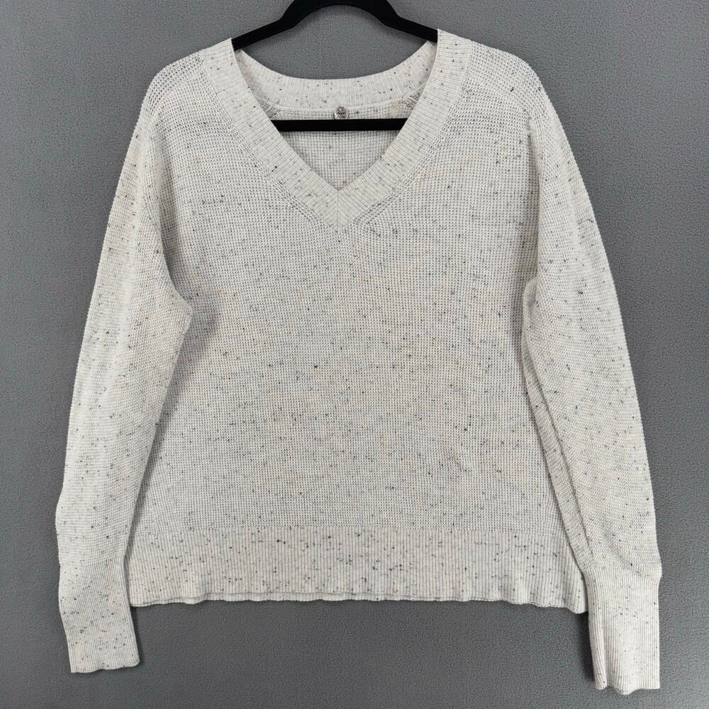 Margaret OLeary Waffle knit V Neck Top Womens M Off White Gray Lagenlook Cotton